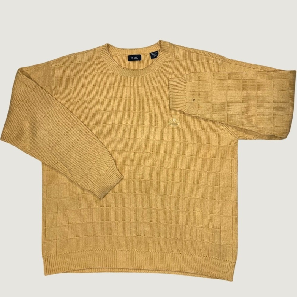 IZOD Mens Yellow Textured Grid Knit Cotton Crewneck Sweater Size M - Picture 2 of 9